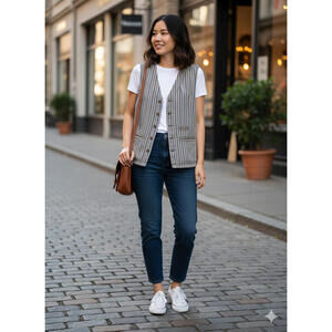 Esprit Sport Vintage Striped Button-Up Vest for Women M